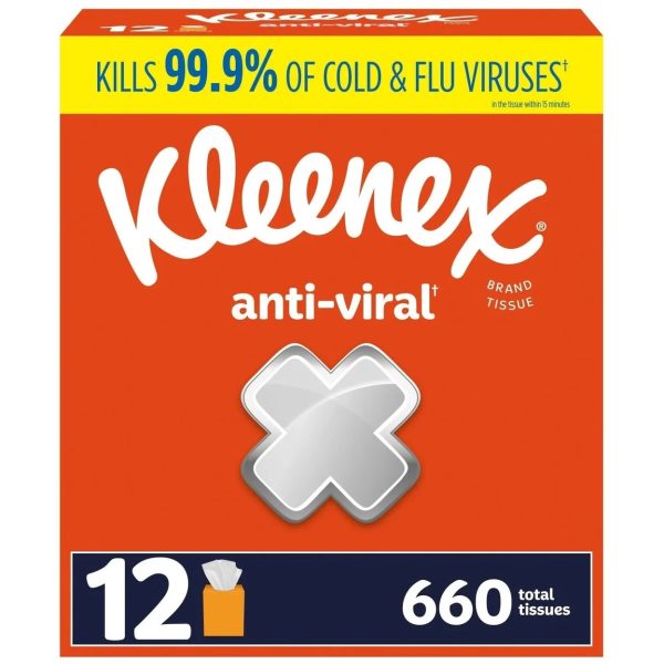 Kleenex Anti-Viral 3-Ply Facial Tissues, Cube Boxes 55 tissues box, 12 boxes For Sale