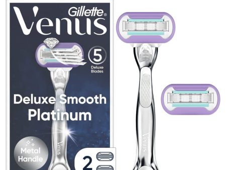 Gillette Venus Deluxe Smooth Platinum Razors for Women, 1 Venus Razor, 2 Razor Blade Refills, Metal Handle with Anti-Slip Grip Sale