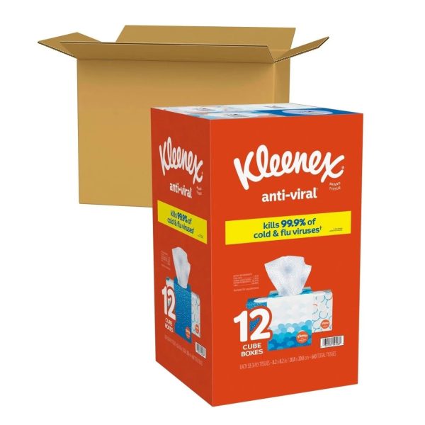 Kleenex Anti-Viral 3-Ply Facial Tissues, Cube Boxes 55 tissues box, 12 boxes For Sale